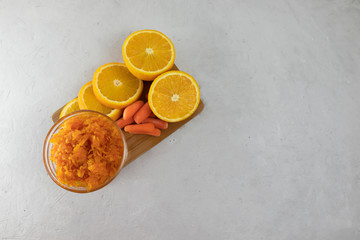 Homemade orange carrot jam, baby carrot jam, copy spase.
