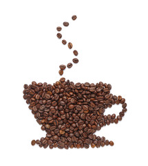 Cup made of coffee beans on white background