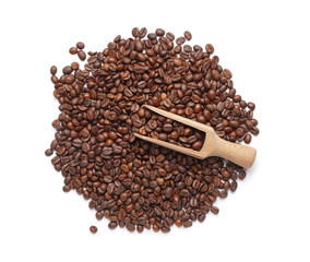 Heap of coffee beans and scoop on white background