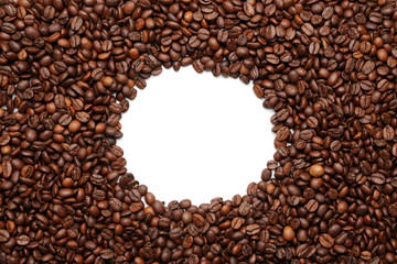 Frame made of coffee beans on white background