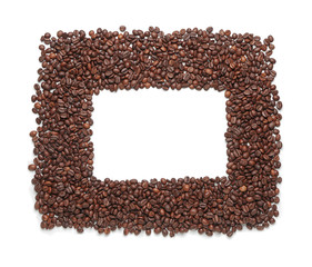 Frame made of coffee beans on white background