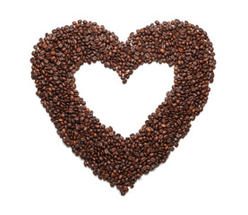 Heart made of coffee beans on white background