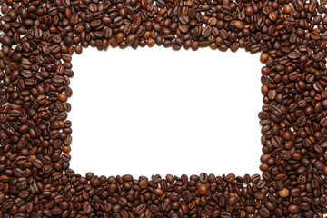 Frame made of coffee beans on white background