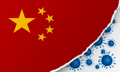 Flag of China with outbreak deadly coronavirus covid-19. Banner with China flag with the spread of Coronavirus 2019-nCoV virus strain. Concept of coronavirus quarantine. Coronavirus outbreak in China.