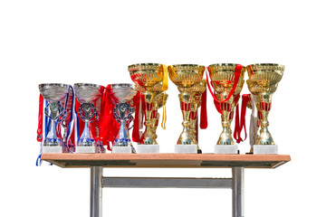 Gold and silver Cup Trophies isolated on white.