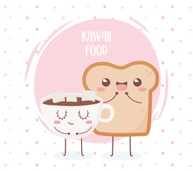 bread and chocolate cup with marshmallow kawaii food cartoon character design