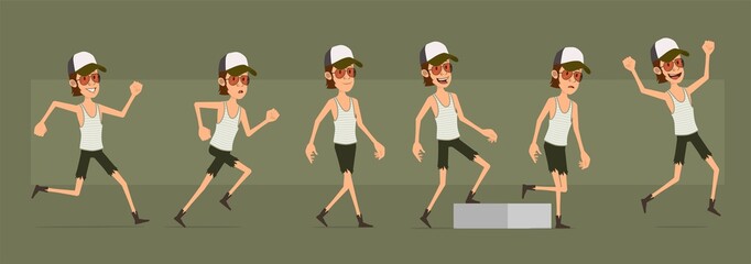 Cartoon funny cute hipster farmer boy character in shorts and glasses. Ready for animations. Successful hipster walking to his goal. Isolated on green background. Big vector icon set.