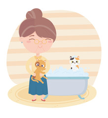 cats make me happy, old woman cat and kitten in bathtub