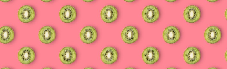 Fototapeta premium Seamless blue kiwi pattern on pink background
