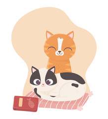 cats make me happy, cute cats in cushion with food box cartoon
