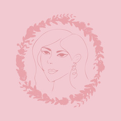 Vector illustration. Vector logo design template and illustration in simple minimal linear style. Minimalistic modern art - female portrait and flowers - abstract t-shirt print - beauty and fashion
