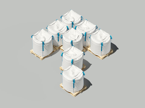 White big bags or sacks on pallet in shape of arrow. Isolated objects on light background. Mockup for design. 3d render
