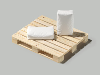 White bag or sack on pallet. Isolated objects on light background. Mockup for design. 3d render