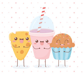 cheese cupcake and smoothie cup kawaii food cartoon character design