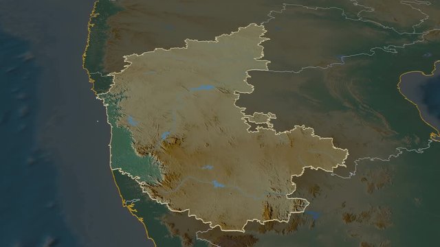 Karnataka, state with its capital, zoomed and extruded on the relief map of India in the conformal Stereographic projection. Animation 3D