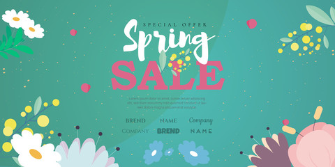 Spring sale banner with beautiful flowers on a green background. Vector illustration suitable for promotions, website, advertising.