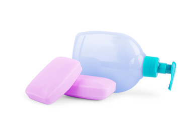 Liquid soap with dispenser on white background