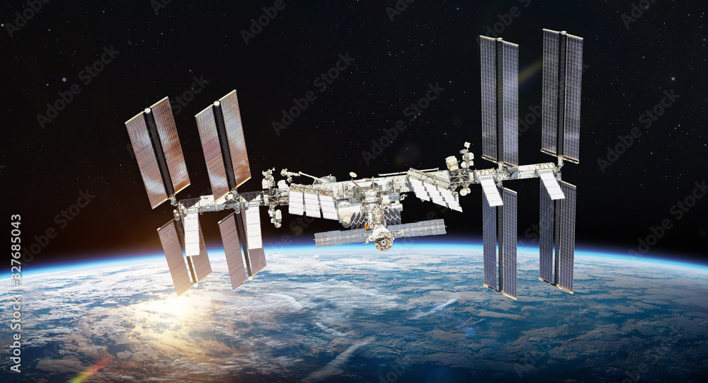 Poster international space station on orbit of earth planet. iss. elements of this image furnished by nasa