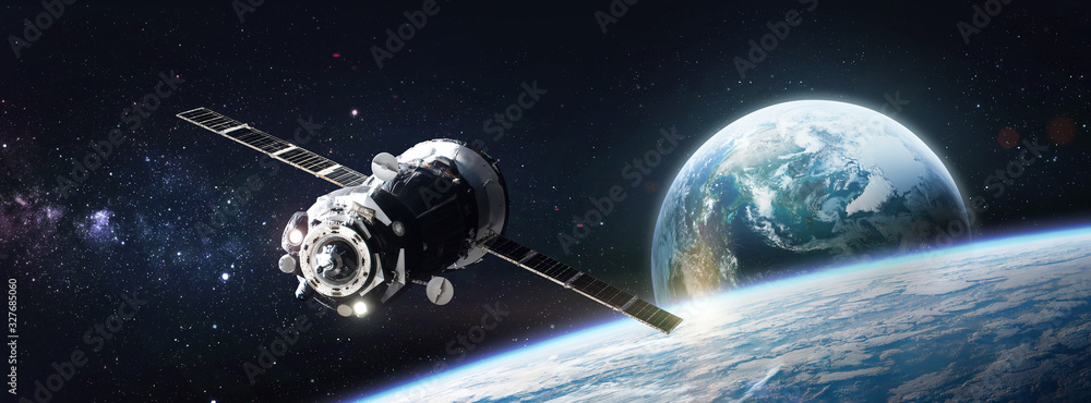 Poster Spaceship on orbit of Earth planet. View from ISS station. Elements of this image furnished by NASA.