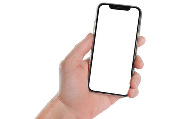 Smarthone screen in the hand on white isolated background. Mobile phone surface. Place for template.