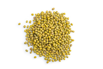 Pile of raw green mung bean isolated on white background. Top view.