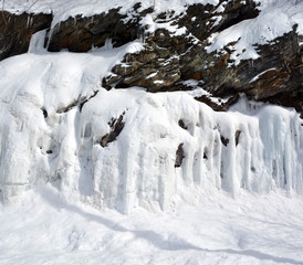Winter landscape ice wall in Shefford mountain, ice runs off the rock Eastern township  Quebec,...
