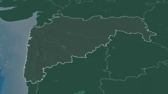 Maharashtra, state with its capital, zoomed and extruded on the administrative map of India in the conformal Stereographic projection. Animation 3D