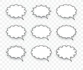 Set of nine vector talking bubbles with white fills and transparent background.