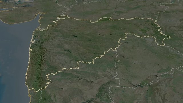 Maharashtra, state with its capital, zoomed and extruded on the satellite map of India in the conformal Stereographic projection. Animation 3D