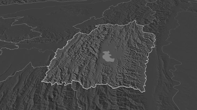 Manipur, state with its capital, zoomed and extruded on the bilevel map of India in the conformal Stereographic projection. Animation 3D