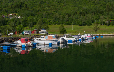 Vik, Norway - july, 2019: Vik port, Vik is a municipality in Sogn og Fjordane county. It is located on the southern shore of the Sognefjorden in the traditional district of Sogn.