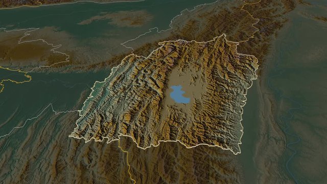 Manipur, state with its capital, zoomed and extruded on the relief map of India in the conformal Stereographic projection. Animation 3D