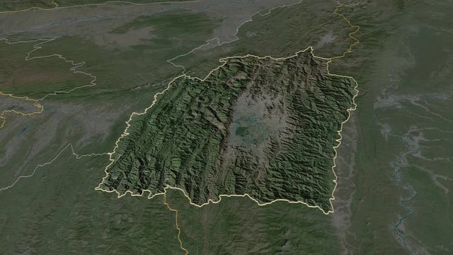 Manipur, state with its capital, zoomed and extruded on the satellite map of India in the conformal Stereographic projection. Animation 3D