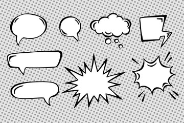 Vector set of speech bubbles in different shapes in comic book style. Hand drawn elements for design