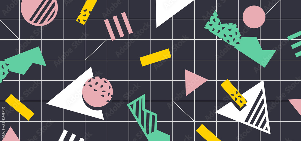 Wall mural background in the style of the 80s with multicolored geometric shapes on the black background. illus
