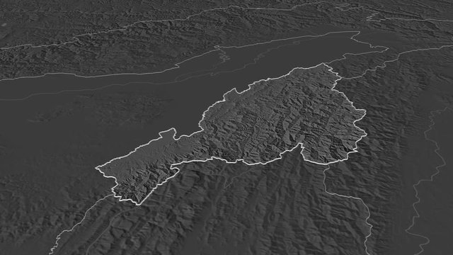 Nagaland, state with its capital, zoomed and extruded on the bilevel map of India in the conformal Stereographic projection. Animation 3D