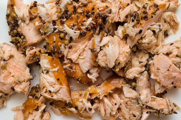 rustic smoked salmon flakes food background