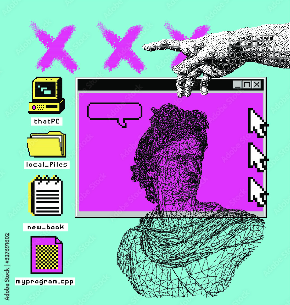 Poster Pixel art ilustration with retro 80's UI elements and statue of Apollo Belvedere. Vaporwave and retrowave style collage.