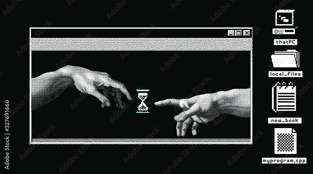 Aufkleber Surrealistic collage with hands, retro user interface elements and icons, console window in 8-bit pixel art style. Malware or backdoor concept.