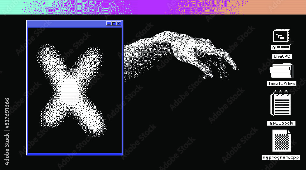 Poster Surrealistic collage with hands, retro user interface elements and icons, console window in 8-bit pixel art style. Malware or backdoor concept.