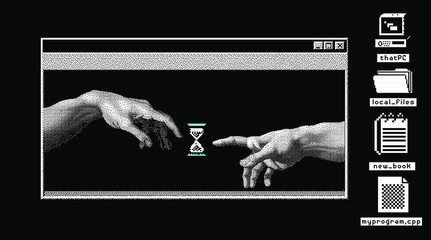 Surrealistic collage with hands, retro user interface elements and icons, console window in 8-bit pixel art style. Malware or backdoor concept.