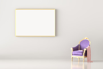 Mock up canvas poster frame with designer golden antique chair. Clean white wall Background.