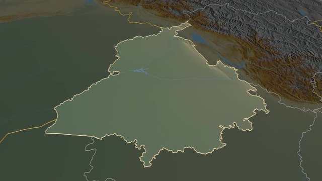 Punjab, state with its capital, zoomed and extruded on the relief map of India in the conformal Stereographic projection. Animation 3D