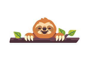 Cute sloth laughing on a tree branch flat illustration.