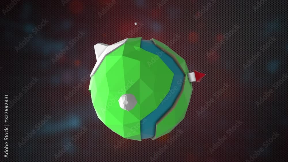 Poster an animated cartoon of a rotating polygonal planet in environment of radiating waves against dark sp