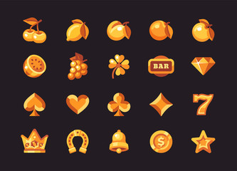 Classic gold slot machine symbol collection on dark background. Casino flat icons
