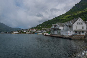 Norway fiord Ullensvang village - part of Hardanger Fjord called Sorfjord. Morning view. July 2019