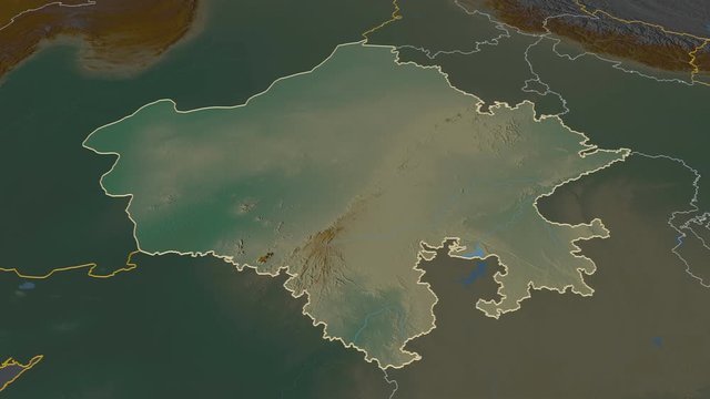 Rajasthan, state with its capital, zoomed and extruded on the relief map of India in the conformal Stereographic projection. Animation 3D