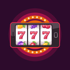 Smartphone with a slot machine on screen. Online slot game flat illustration on red background