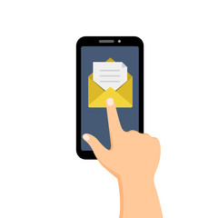 Vector mail icon. Message coming on mobile phone. Open envelope